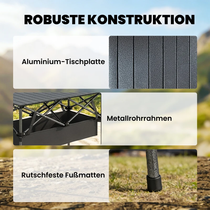 Outsunny Klappbarer Rollbarer Picknicktisch Tragbarer Campingtisch mit Netzablage und Tragetasche für den Außenbereich, Schwarz