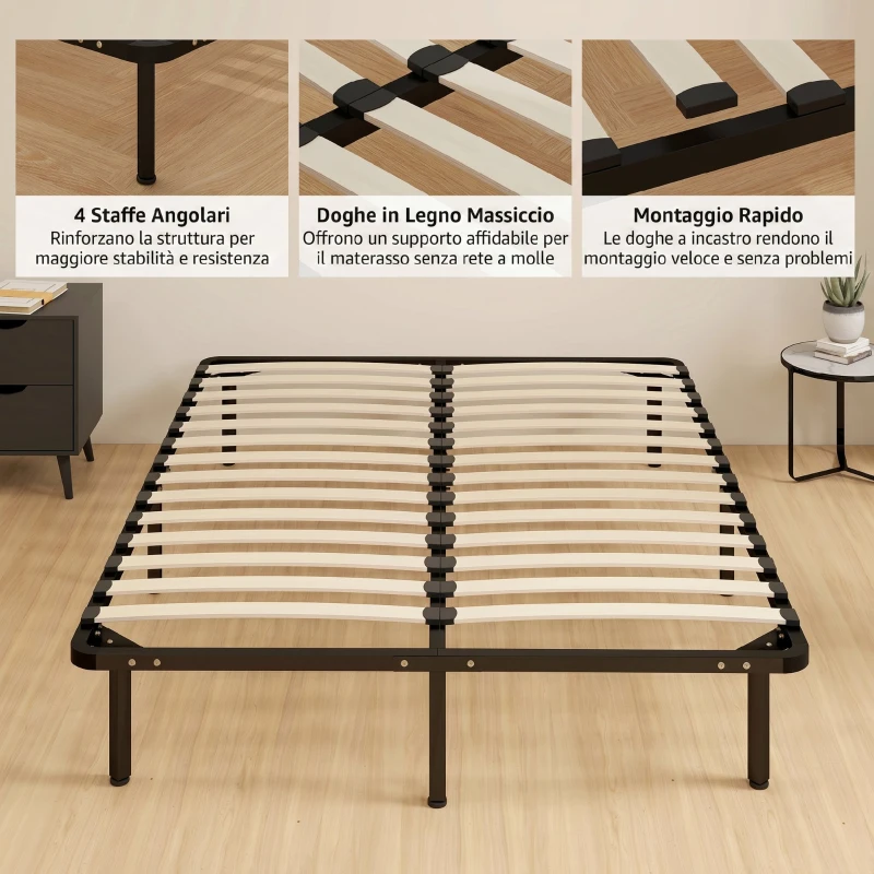 HOMCOM Letto Matrimoniale Industriale a 28 Doghe con Spazio Contenitore, in Legno e Acciaio, 190x140x31 cm, Nero e Legno