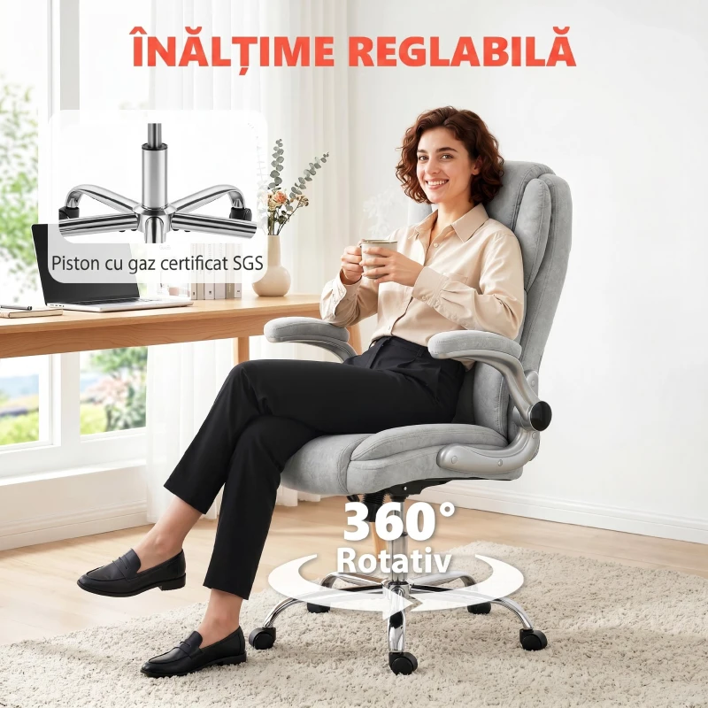 Scaun Ergonomic HOMCOM, Spătar Înalt, Tapițat în Catifea Imprimată, Cotiere Rabatabile, Alb Crem