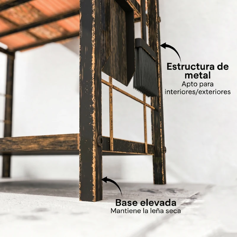 Outsunny Estante de Leña de Metal de 2 Niveles con 4 Herramientas para Chimenea y Ganchos 43x30x74 cm Marrón Oscuro