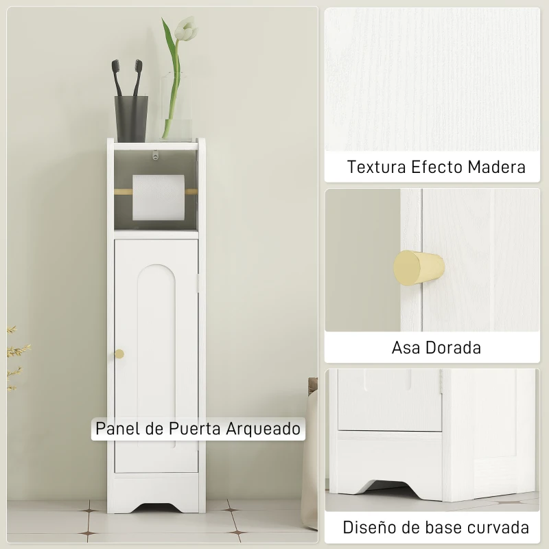 HOMCOM Armario de Baño Estrecho Mueble Auxiliar de Baño con Estante Ajustable y Portarrollos de Papel 21x20x79 cm Blanco
