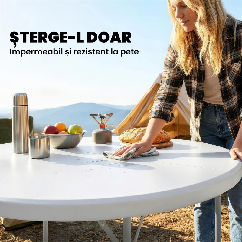 Outsunny Masă de Camping Rotundă Pliabilă, din Metal și HDPE, 120x120x74 cm, Alb