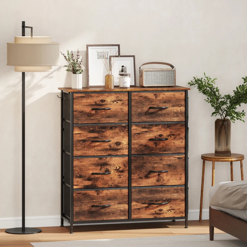 HOMCOM Kommode 8 Stoffschubladen, Aufbewahrungsmöbel, 4 Taschen, 2 Haken, Stahlrahmen, 86x30x94,5cm, rustikabraun