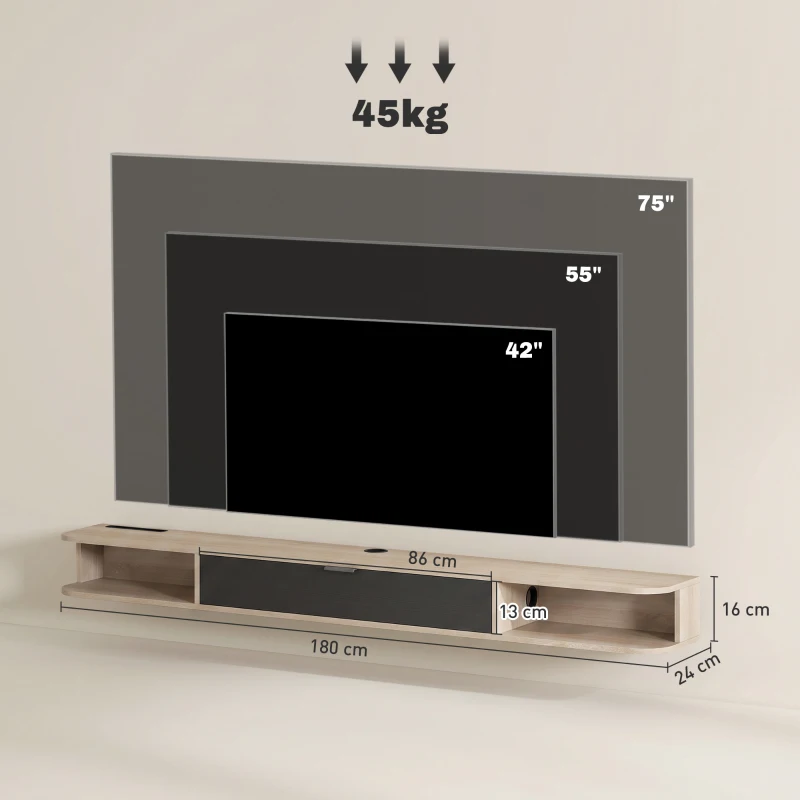 HOMCOM Móvel de TV suspenso, móvel de TV para TV até 75 polegadas (190,5 cm), gaveta rebatível 2 prateleiras 180x24x16cm madeira natural