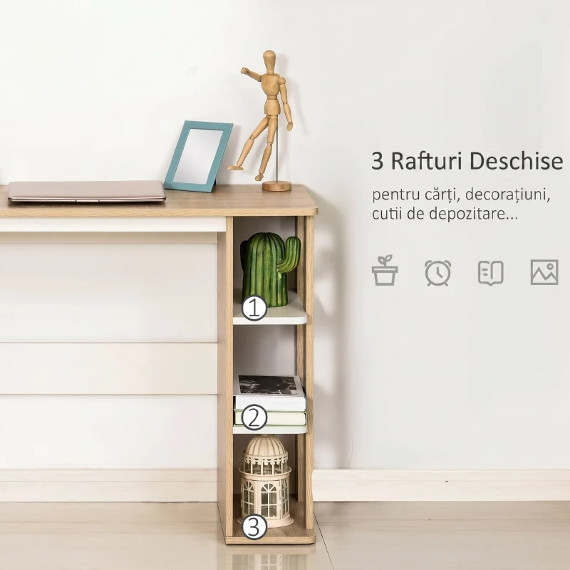 HOMCOM Birou Modern din Lemn cu Raft cu 3 Etaje, 100x44x74cm, Alb și Stejar