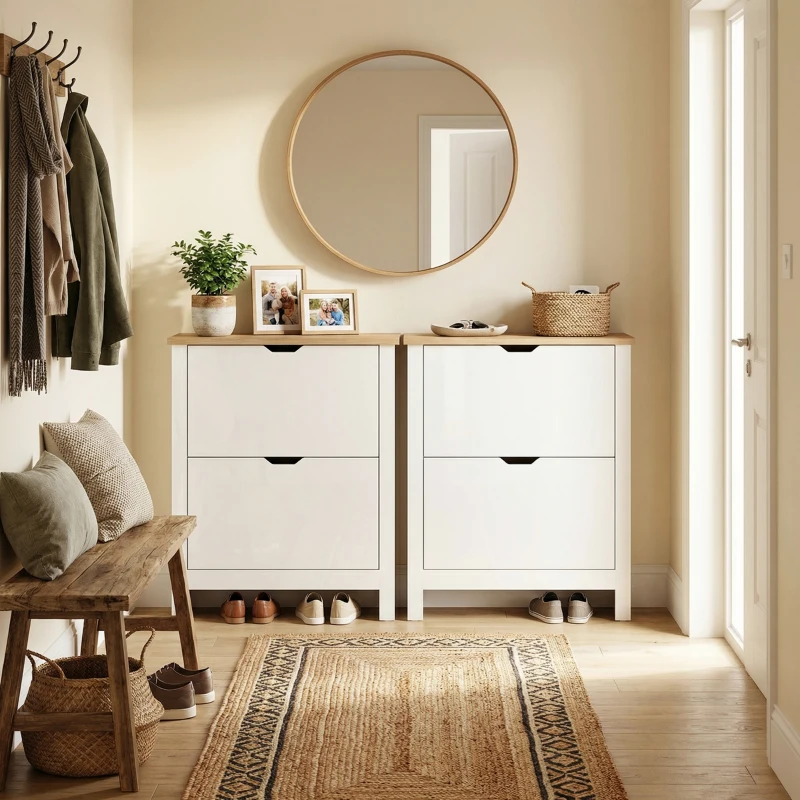 HOMCOM Slim Shoe Cabinet, Narrow Shoe Cupboard with 2 Flip Drawers, Adjustable Shelves for 12 Pairs of Shoes, High Gloss White