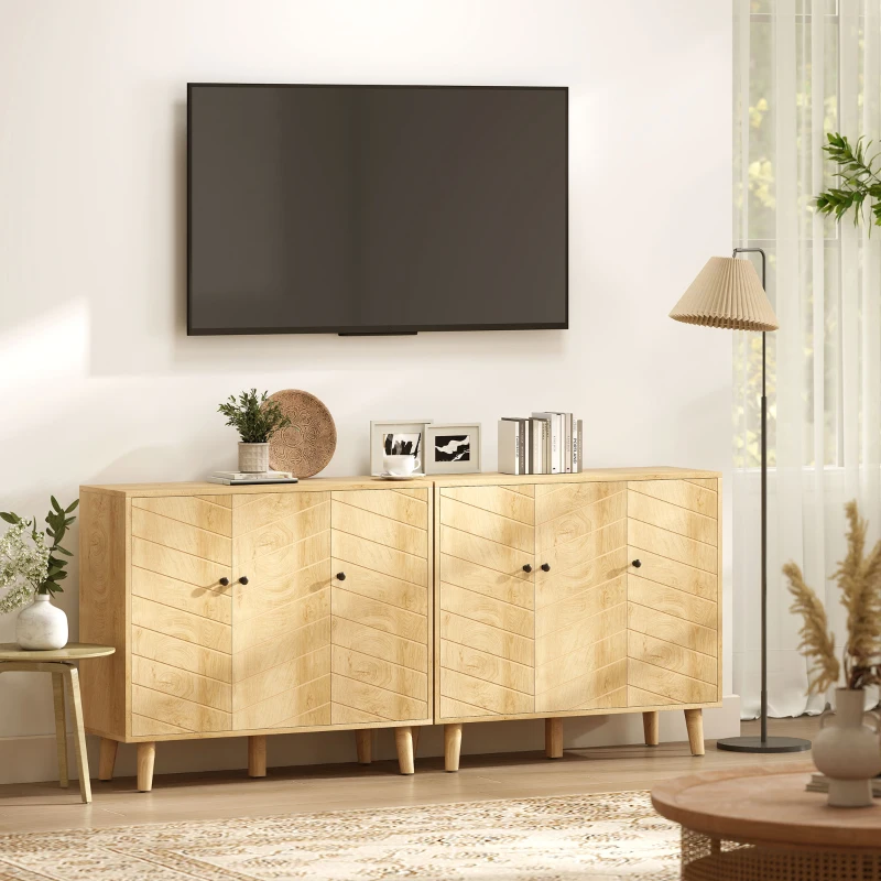 HOMCOM Buffet Cuisine, Meuble de Rangement avec 3 Portes à Motif Chevron et Pieds en Bois de Pin, 88,3x30x76cm, Bois Naturel