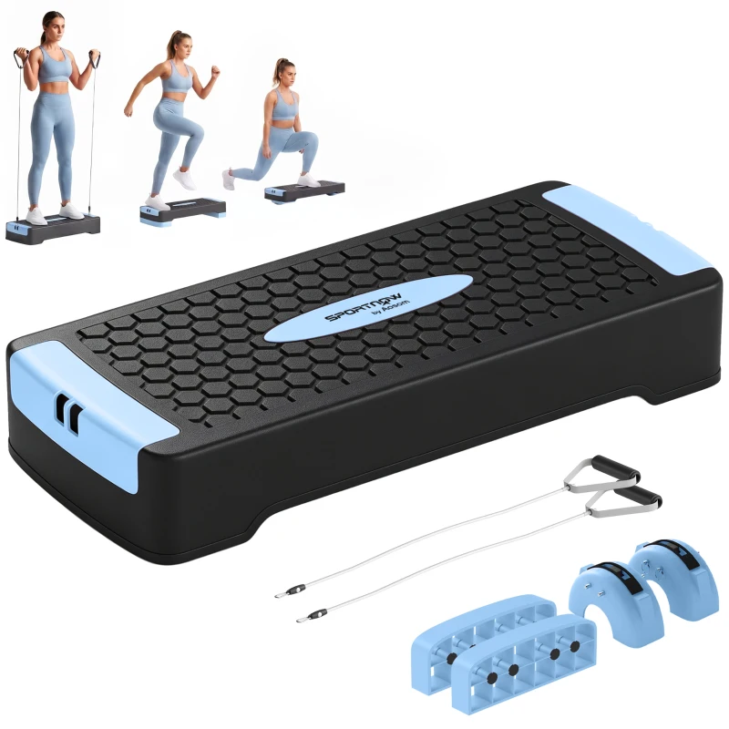 SPORTNOW Placă de step reglabilă pe înălțime Fitness Aerobic Stepper cu 2 trepte (11/16 cm) 2 benzi de rezistență, covoraș anti-alunecare Albastru