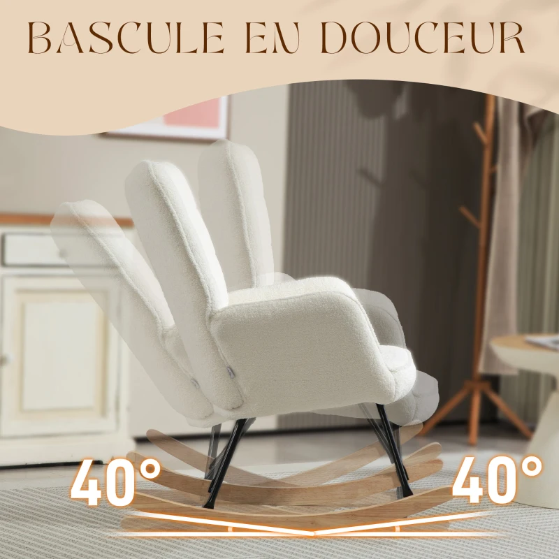 HOMCOM Fauteuil à bascule rocking chair revêtement effet laine bouclée, structure en acier 71 x 98 x 101 cm blanc