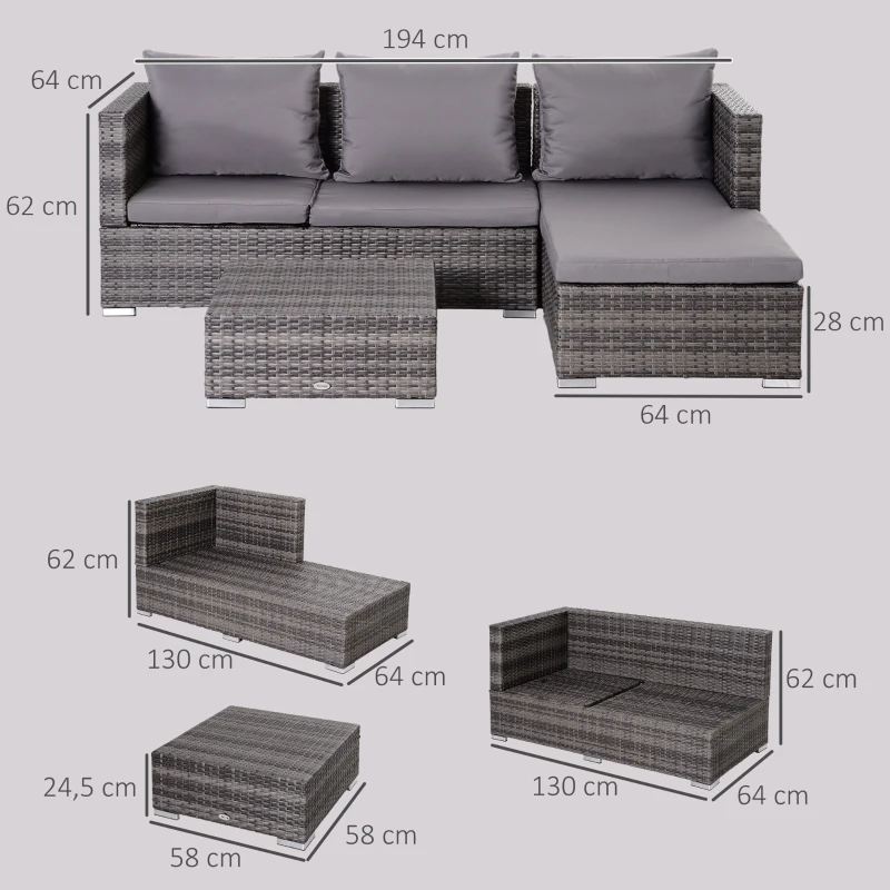 Outsunny 3PC Rattan Garden Furniture Storage Sofa Set, 4 Seater Wicker Coffee Table Conservatory Sun Lounger Reclining Set with Cushion, Grey