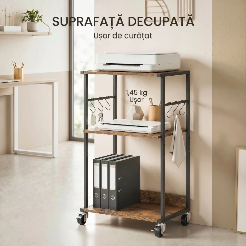 HOMCOM Dulap Imprimantă Industrial 3 Niveluri, Roți și Cârlige, Maro Rustic.