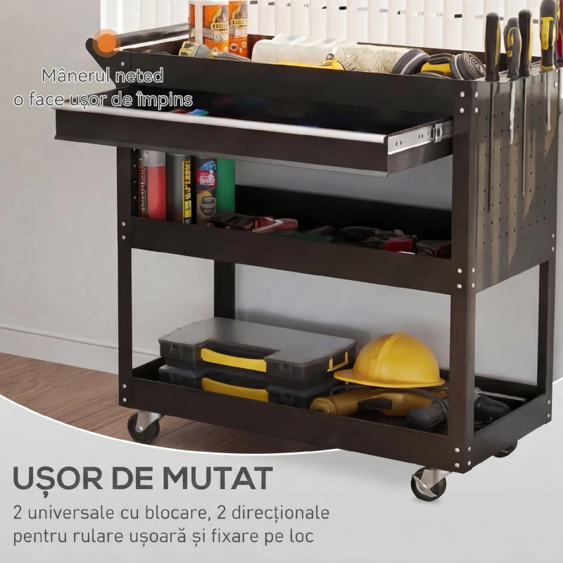 DURHAND Cărucior cu 3 Niveluri din Oțel cu Sertar, Suport Lateral pentru Unelte și Mâner, Negru