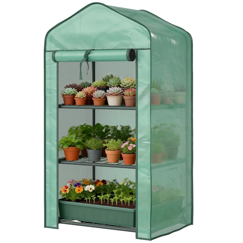 Outsunny Mini Serra da Giardino con Copertura in PE, 3 Ripiani e Porta Avvolgibile, 59x39x127cm, Verde