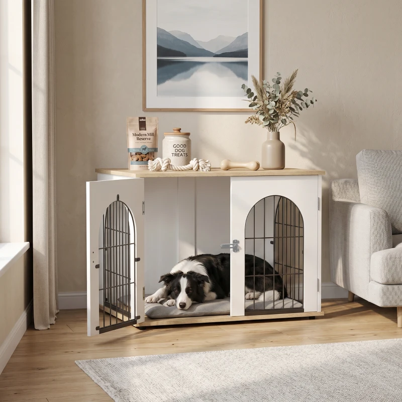 PawHut Cage pour Chien Meuble Cage Chien Intérieur Arche avec Double Porte comme Table d'Appoint en Métal 80x56x59cm Blanc