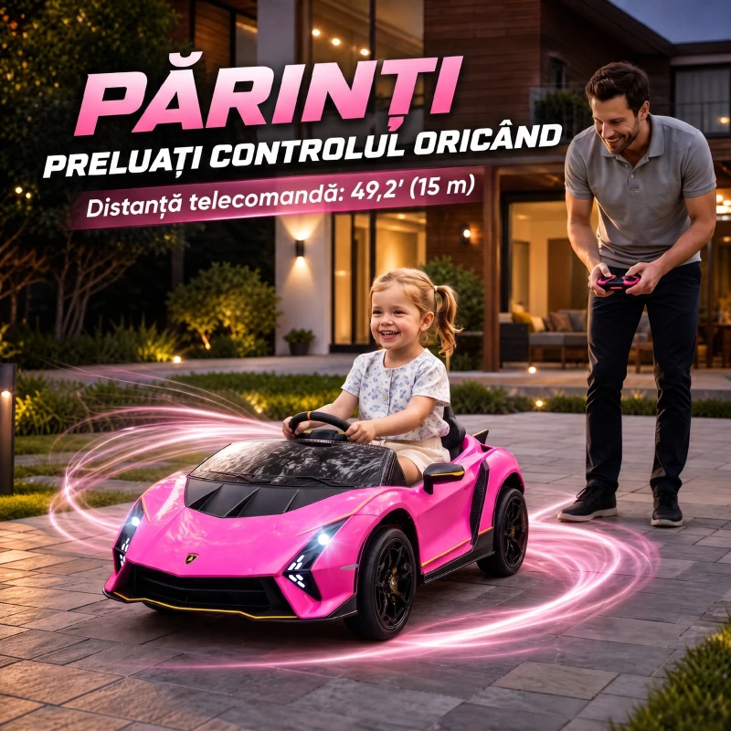 AIYAPLAY Mașină Electrică pentru Copii 3-6 Ani 12V Lamborghini Autentica, 2 Motoare, Uși Tip Foarfecă, Suspensii, Roz