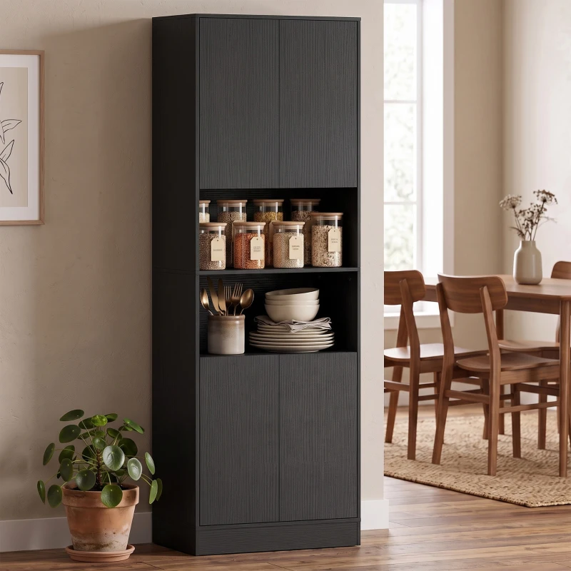 HOMCOM Aparador Alto de Cocina, Armario de Cocina, 4 Puertas con Cierre Suave, 2 Compartimentos Abiertos y Estantes Regulables, Negro