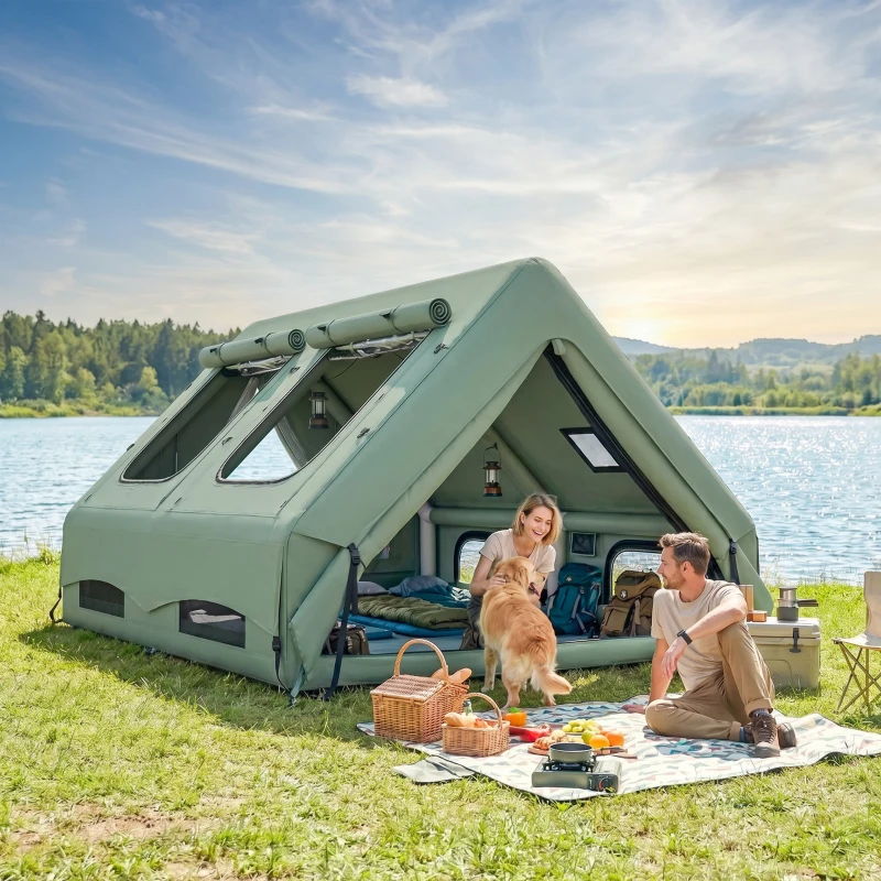 Outsunny Inflatable Camping Tent, 4 Season Hot Tent 10000mm Waterproof with Chimney Opening, Sky Light and Air Pump, Green