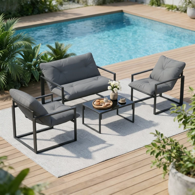 Outsunny Buitenzonnig Tuin Loungeset 4-stuurs Tuinmeubelset 114x70cm, grijs + zwart