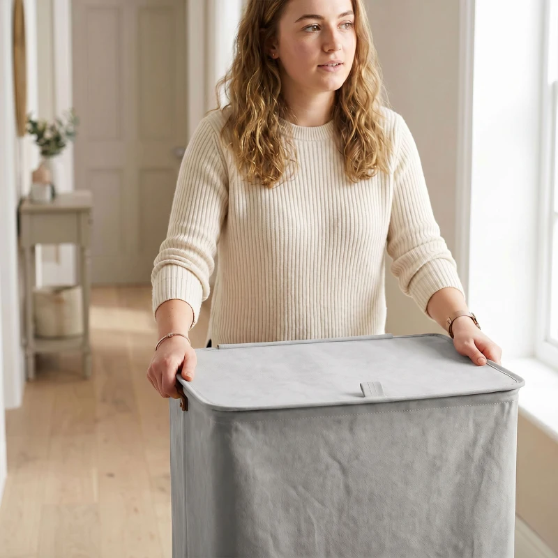 HOMCOM Cesto de Ropa Sucia con Tapa y Ruedas 50L Cesta de Ropa Sucia Plegable con Bolsa con Cordón Extraíble 40x30x65 cm Gris