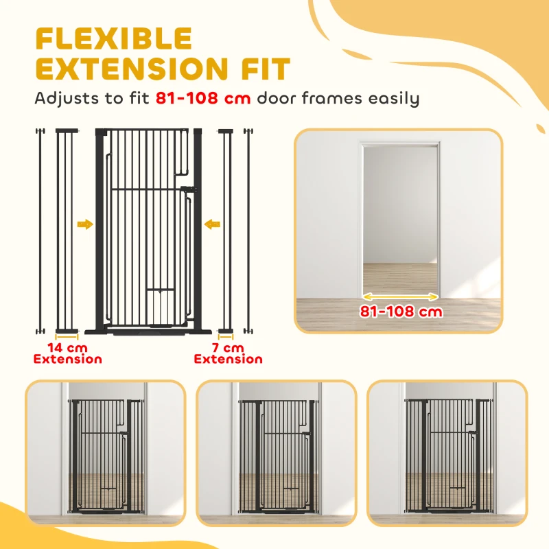 PawHut 135cm Tall Pet Gate with Cat Door, 81-108 cm Wide Adjustable Pressure Mounted for Doorways, Hallways, No Drilling, Black