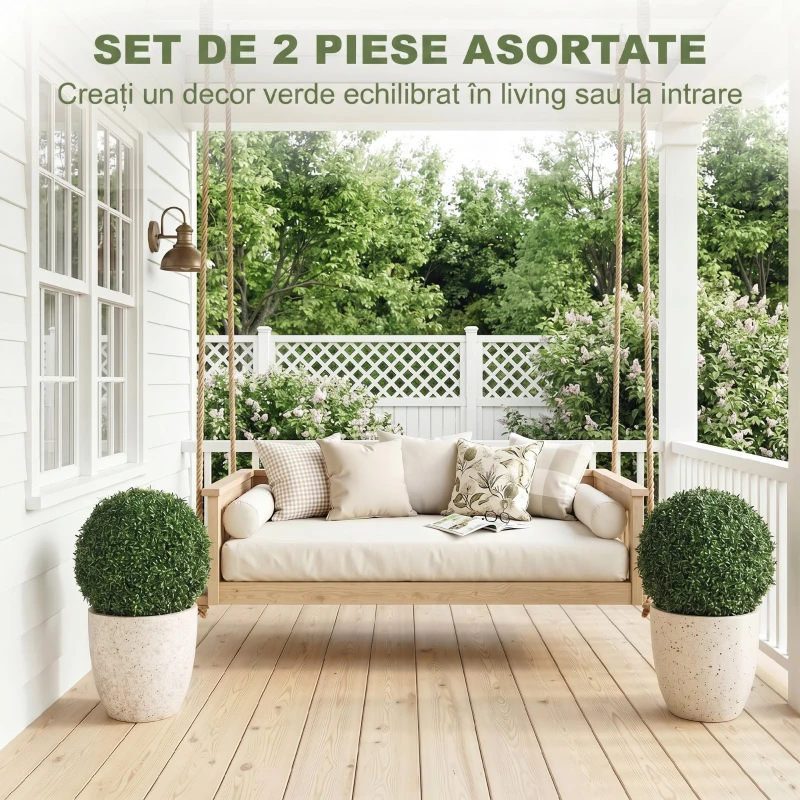 HOMCOM Plante Decorative Artificiale din Buxus cu 682 de Frunze, Rezistente la UV, Înălțime 42 cm