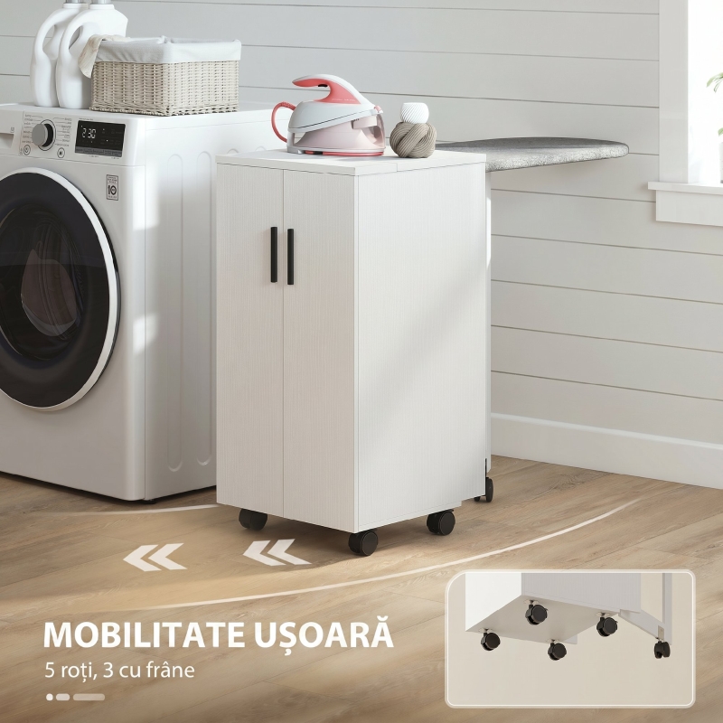 HOMCOM Mobilier pentru Masa de Călcat Pliabil cu Roți, Raft Reglabil și Închidere Soft Close, din Lemn și Material Textil, 128x43x83 cm, Alb