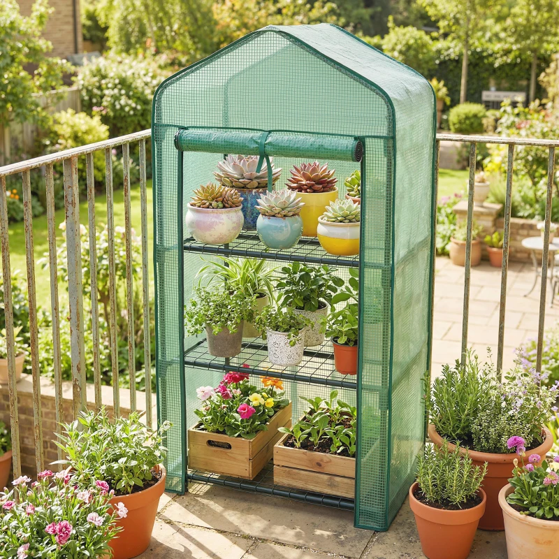 Outsunny Mini Serra da Giardino con Copertura in PE, 3 Ripiani e Porta Avvolgibile, 59x39x127cm, Verde