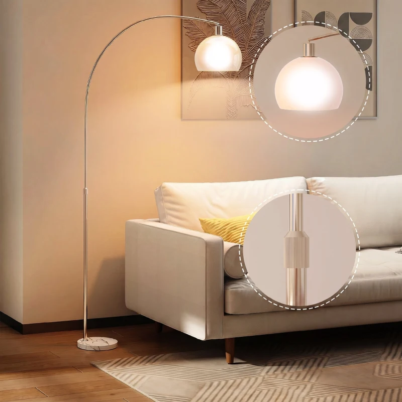 HOMCOM Vloerlamp, gebogen kap, voetschakelaar, marmeren voet, kunststofkap, wit