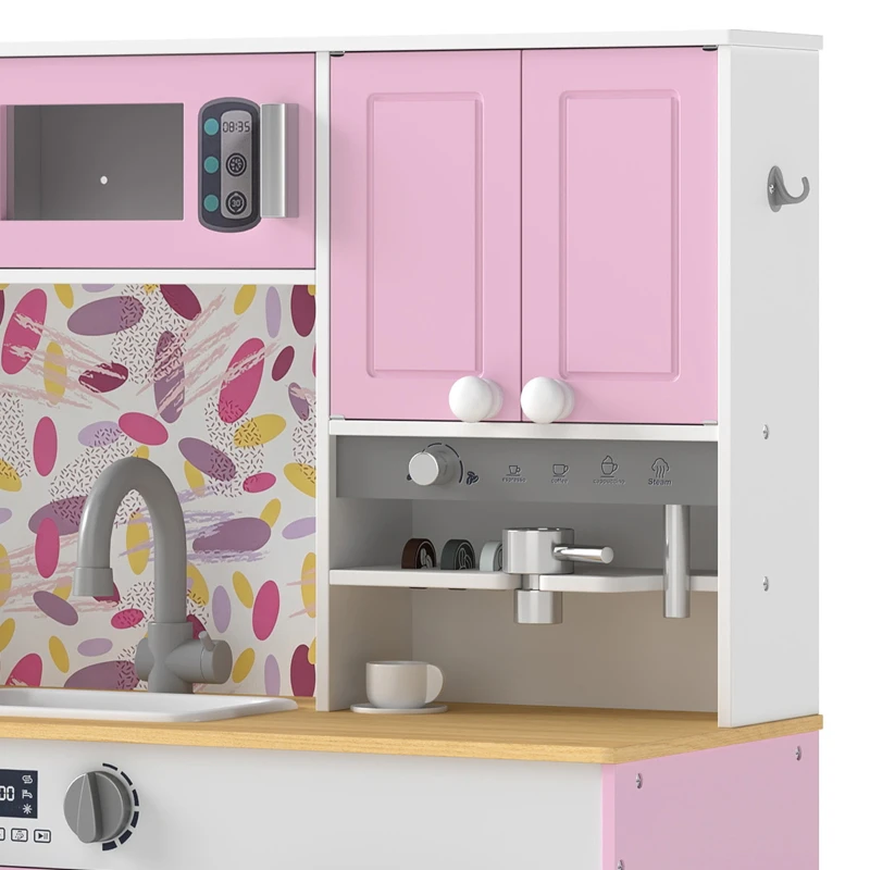 AIYAPLAY Cocina de Juguete de Madera con Accesorios de Acero Inoxidable Cafetera Máquina de Hielo Fregadero Fogones Rosa