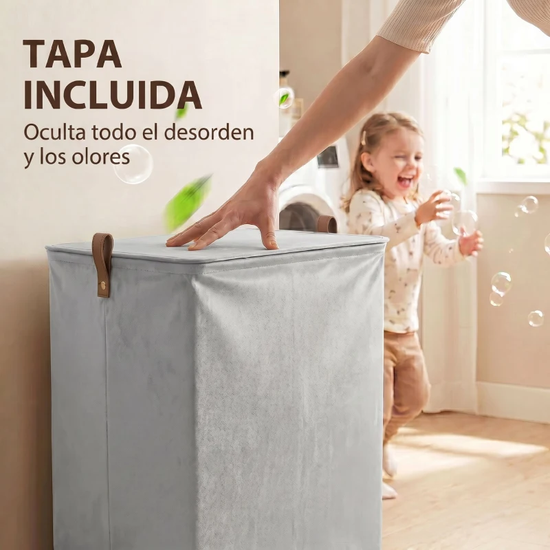 HOMCOM Cesto de Ropa Sucia con Tapa y Ruedas 50L Cesta de Ropa Sucia Plegable con Bolsa con Cordón Extraíble 40x30x65 cm Gris