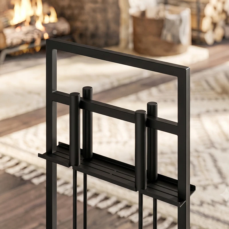 Outsunny Juego de Utensilios para Chimenea de 5 Piezas de Metal con Cepillo Pala Atizador Pinzas y Soporte Negro