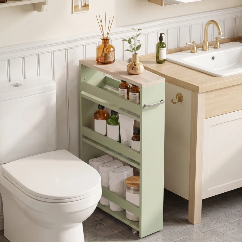 kleankin Cărucior de depozitare cu 3 niveluri cărucior de stocare etajeră pe roți cu mâner - 48 x 15 x 80 cm verde