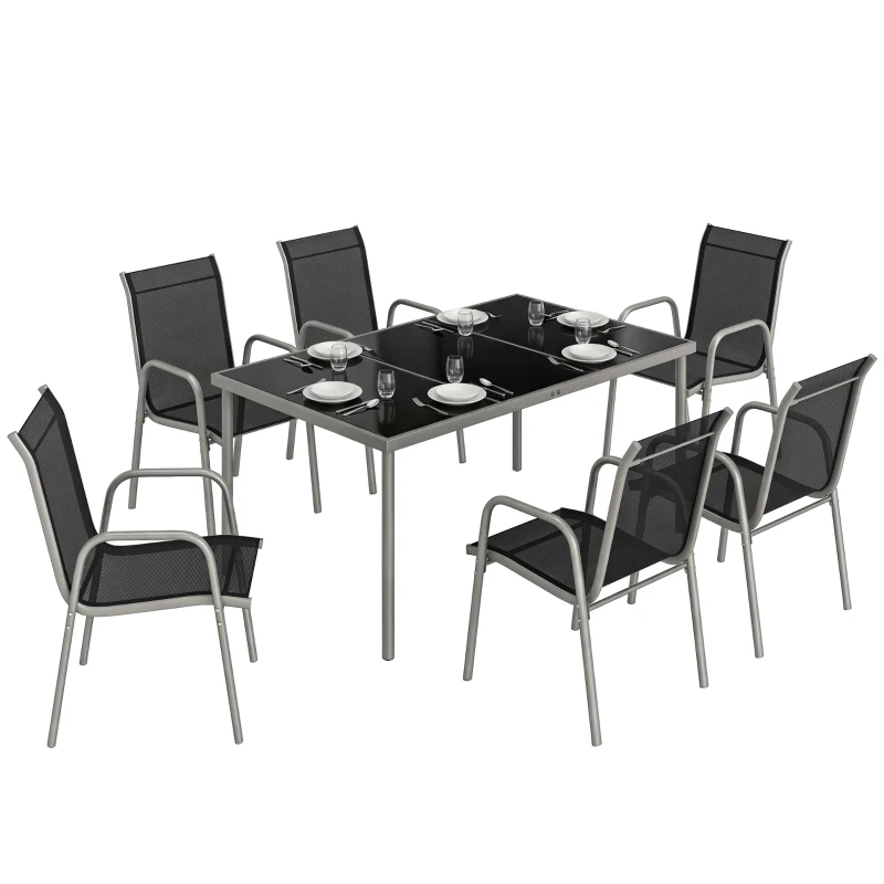 Set mobilier de grădină Outsunny, 7 piese, cu 6 scaune stivuibile din Textilenă și masă cu blat din sticlă, Negru și Argintiu