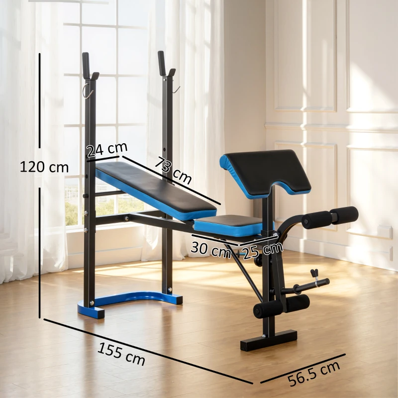 HOMCOM Bancă Multifuncțională cu Suport pentru Haltere și Spătar Reglabil, din Oțel și PU, 155x56.5x120 cm, Negru și Albastru