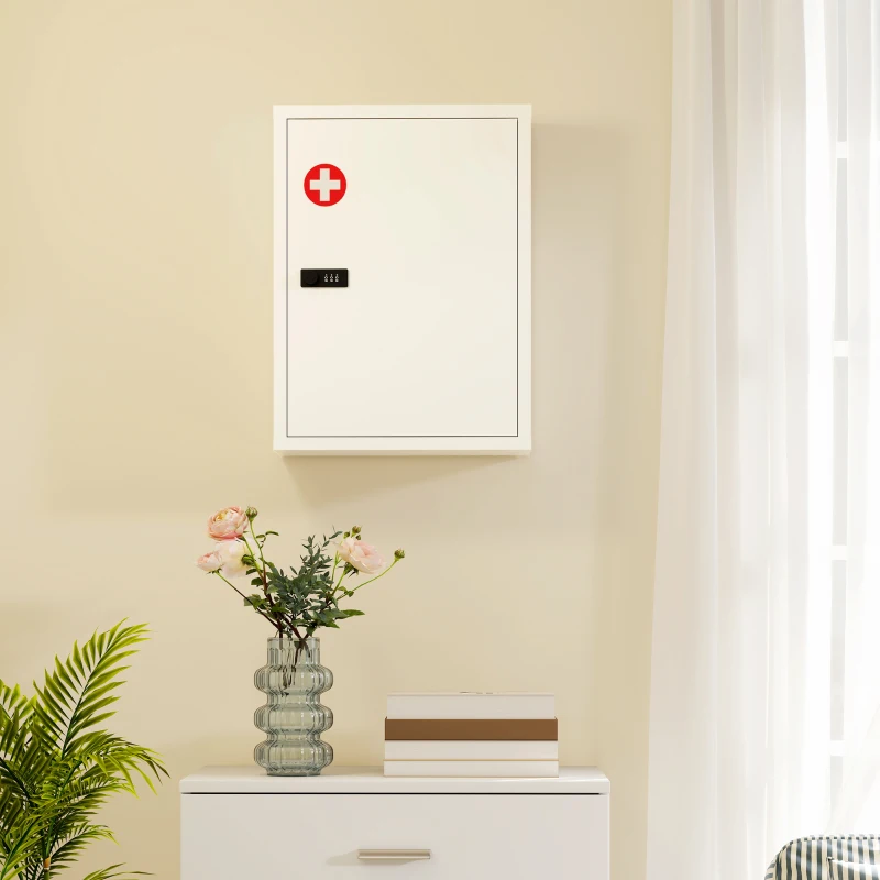 HOMCOM Armario para medicamentos para montaje en pared, armario de baño con cerradura de combinación, puerta y compartimentos, Blanco