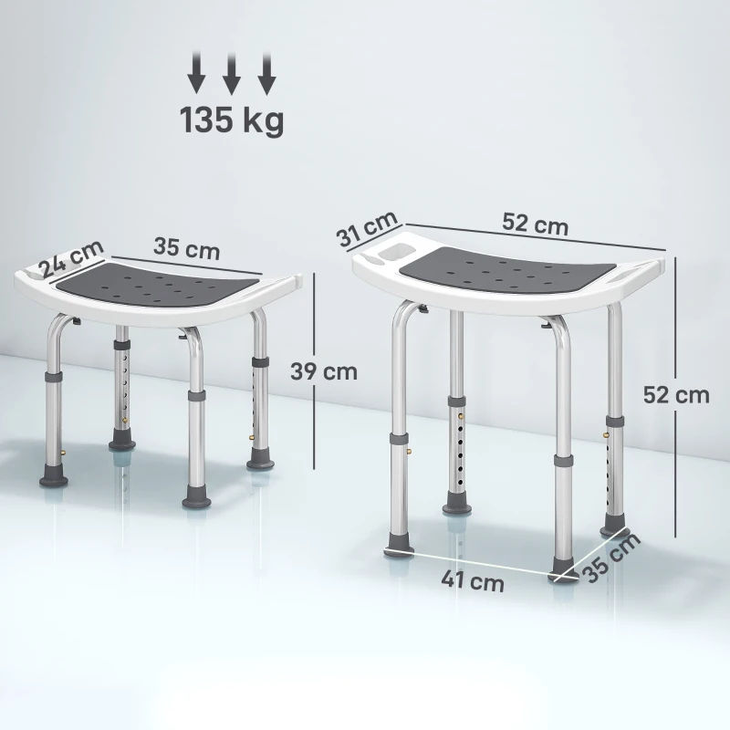 HOMCOM Scaun de Duș din Aluminiu și Plastic Antialunecare, Înălțime Reglabilă 6 Niveluri 39-52cm, Gri