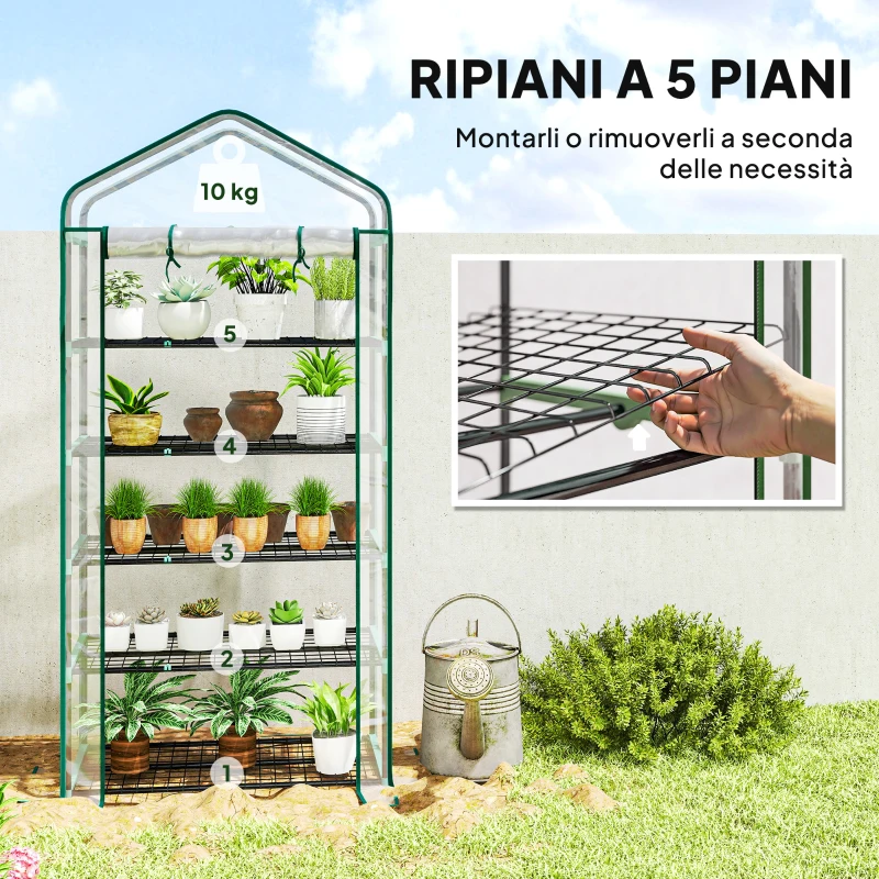 Outsunny Serra a Casetta a 5 Livelli con Ingresso Avvolgibile, in Acciaio e Polietilene, 90x49x193 cm, Trasparente