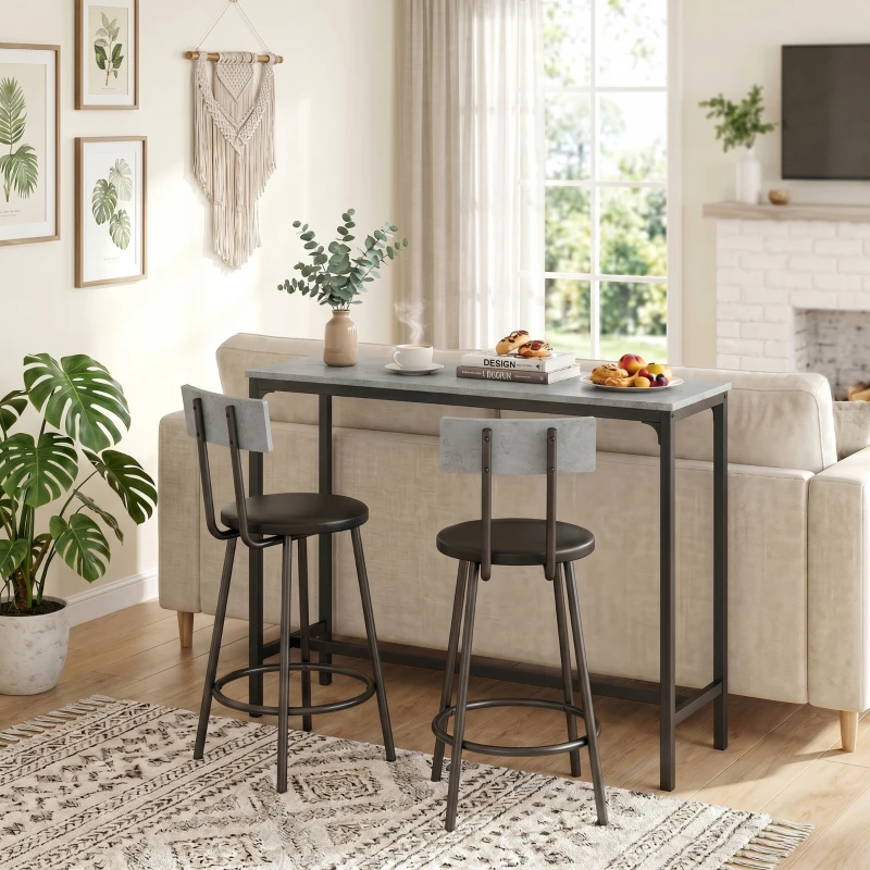 HOMCOM Mesa de bar con 2 taburetes acolchados y reposapiés para comedor, espacios pequeños, gris