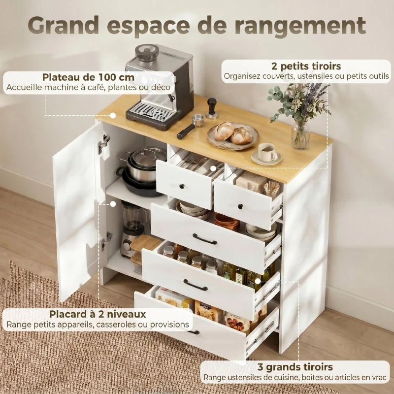 HOMCOM Buffet Cuisine, Meuble de Rangement avec 5 Tiroirs et Porte, Style Rustique, 100 x 40 x 94 cm, Blanc