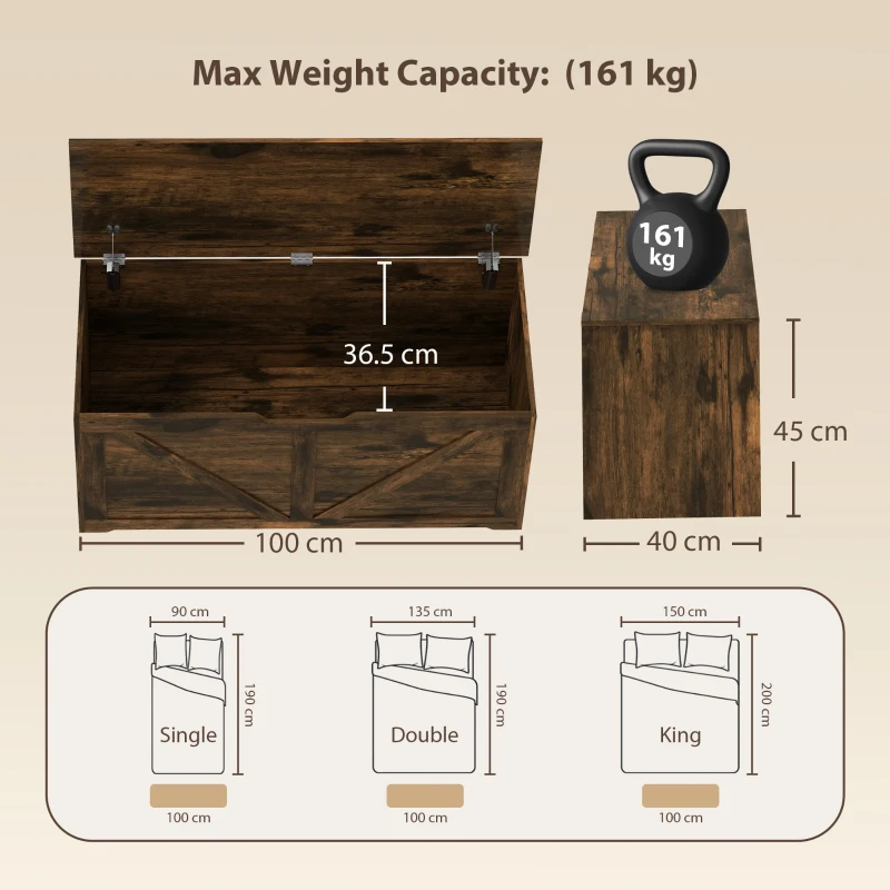 HOMCOM 127L Home Storage Box, with Safety Hinges - Rustic Brown Wood-Effect