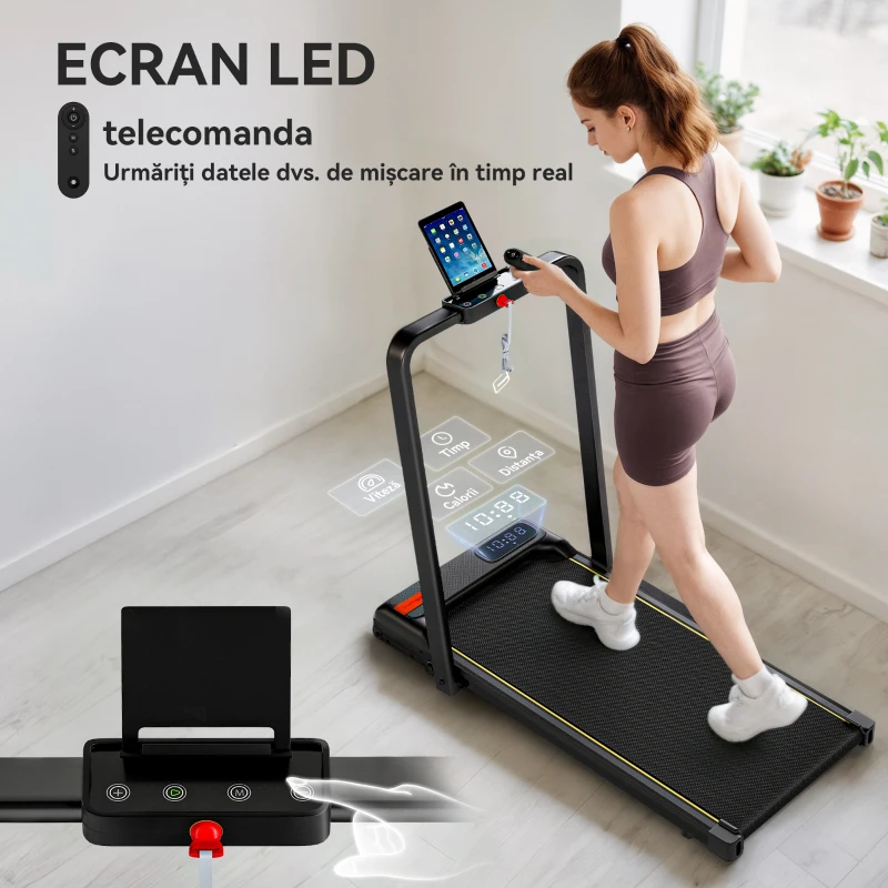 SPORTNOW Bandă de Alergat Pliabilă cu Inclinare Reglabilă, Viteză 1-10 km/h, Display LED și Telecomandă, Negru