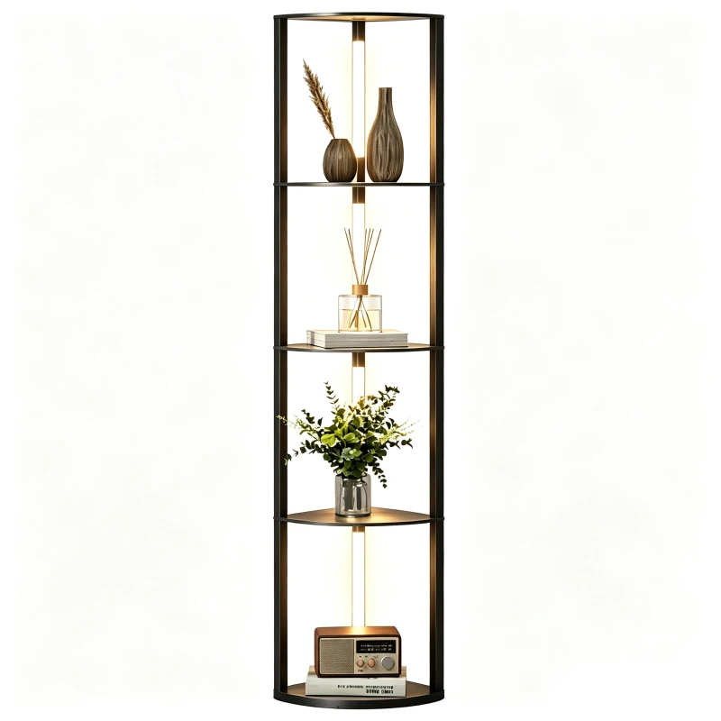 HOMCOM Lampadar Coloană din MDF cu 4 Rafturi și Iluminare LED de 3000K, 41x29.5x163.5 cm, Negru