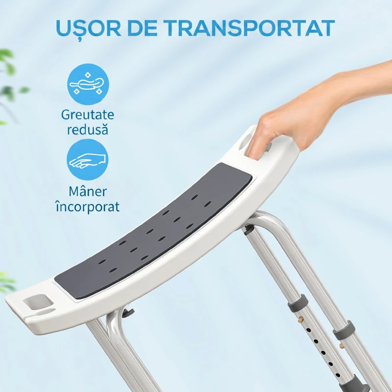 HOMCOM Scaun de Duș din Aluminiu și Plastic Antialunecare, Înălțime Reglabilă 6 Niveluri 39-52cm, Gri