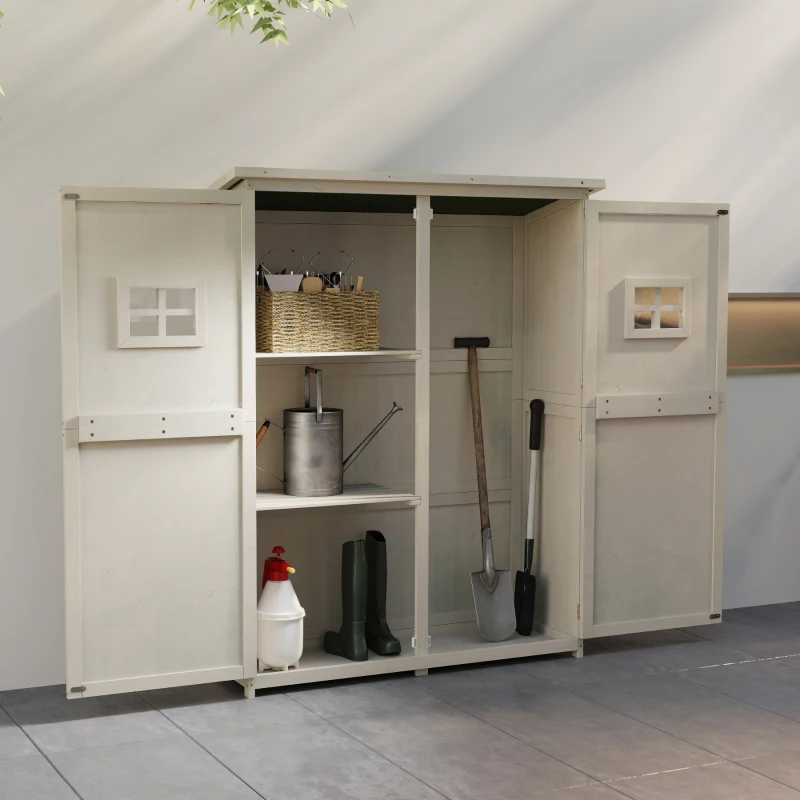Outsunny Wooden Garden Shed with Two Windows, Tool Storage Cabinet, Outdoor Double Door Organizer 127.5L x 50W x 164H cm, Grey