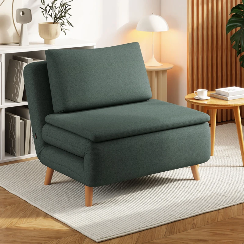 HOMCOM 3-in-1 Schlafsessel mit Bett-Funktion, Liegesessel, verstellbare Rückenlehne, Buchenholzbeine, Kissen, Dunkelgrün