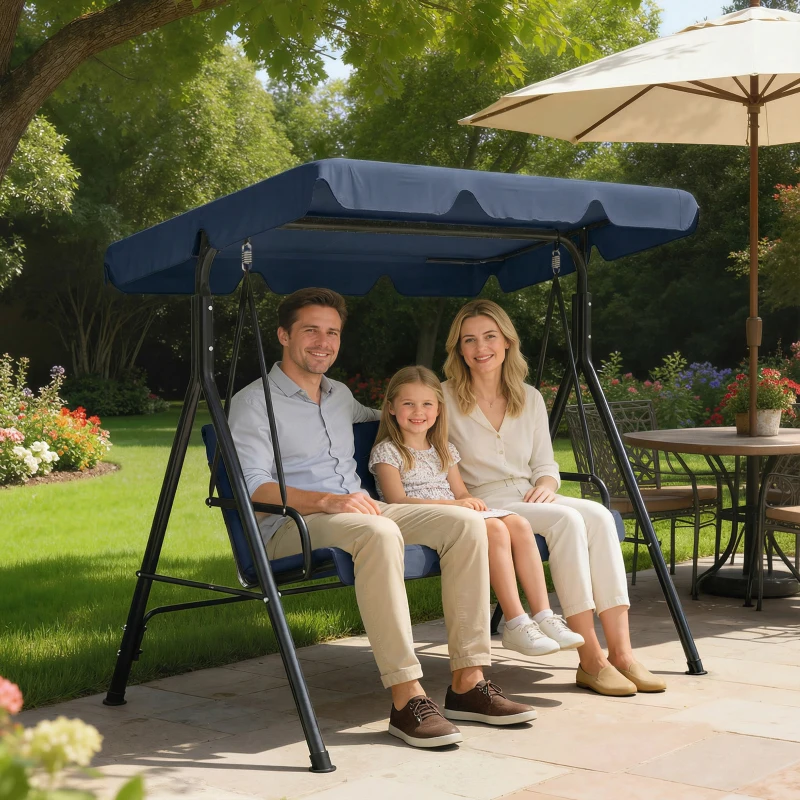 Outsunny Balancín de Jardín Exterior Columpio de 3 Plazas con Toldo Ajustable y Marco de Acero 172x118x153 cm Azul Marino