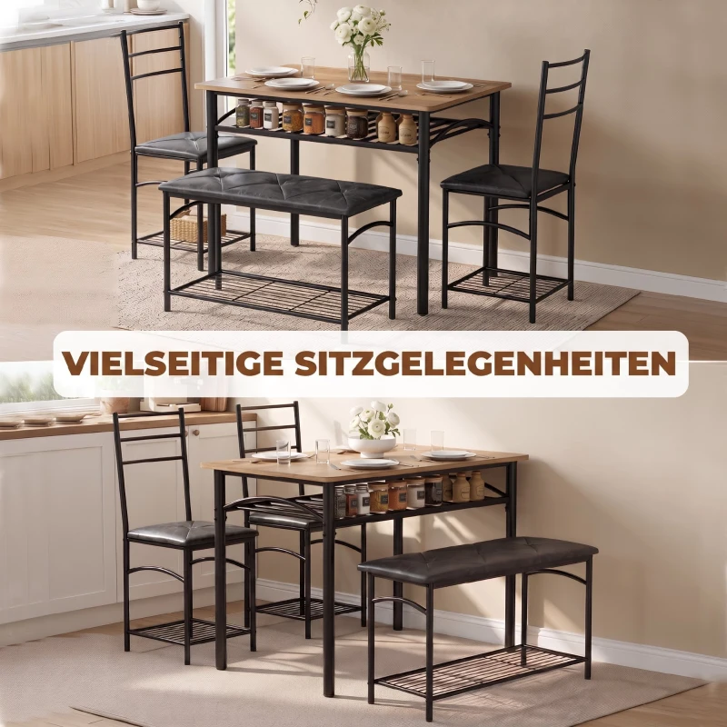 HOMCOM 4-delig eethoekset, industriële keukentafel met 2 stoelen en bank voor 4 personen, gestoffeerde PU-lederen zitplaatsen, bruin