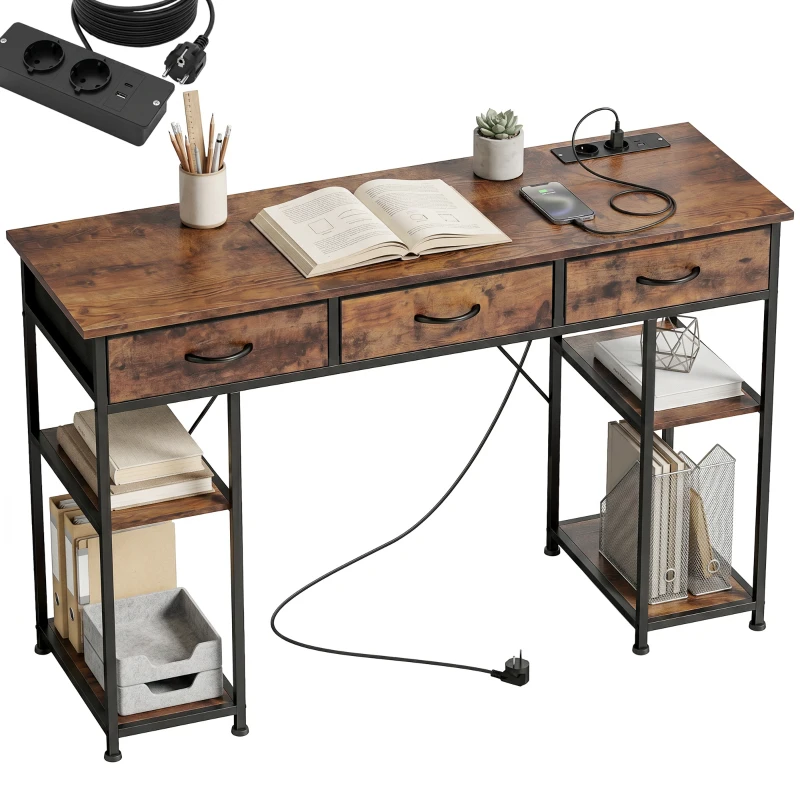 HOMCOM Bureau avec rangement avec prises de courant, 3 tiroirs en tissu et 4 étagères de rangement, 120 x 40 x 76 cm, marron