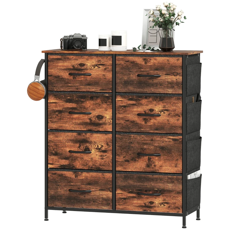 HOMCOM Cómoda 8 gavetas em tecido, móvel de arrumação, 4 bolsos, 2 ganchos, estrutura em aço, 86x30x94,5cm, castanho rústico