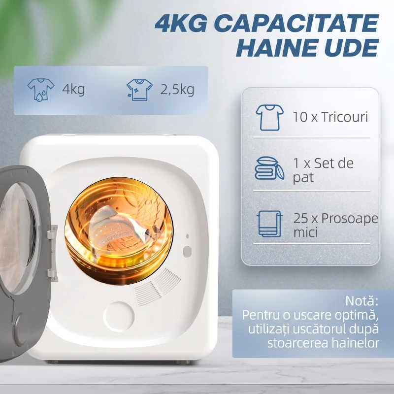 HOMCOM Mini Uscător de Rufe Portabil 4 kg, 5 Programe, 800W, Până la 60℃, Timer, Tambur Oțel Inoxidabil, Casă, Alb